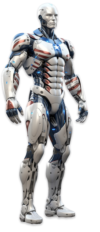 American Robot in white armor with american symbolism scattered across its body